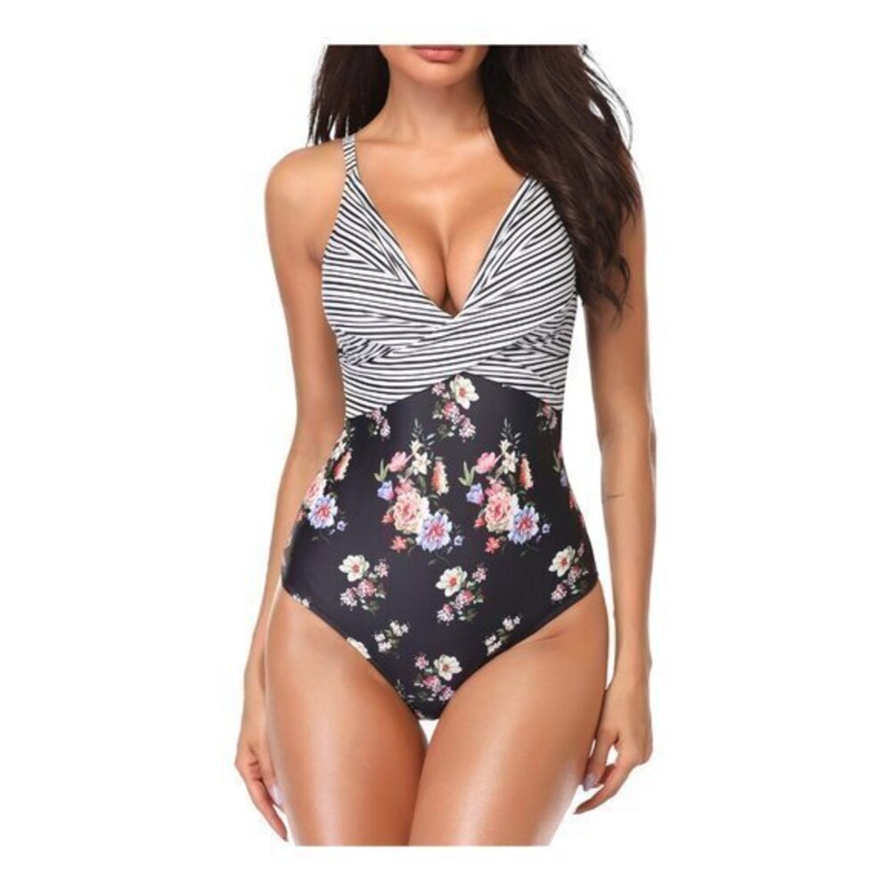 Floral Stripe Swimsuit Tummy Control Front Cross Size Large NWT #6801